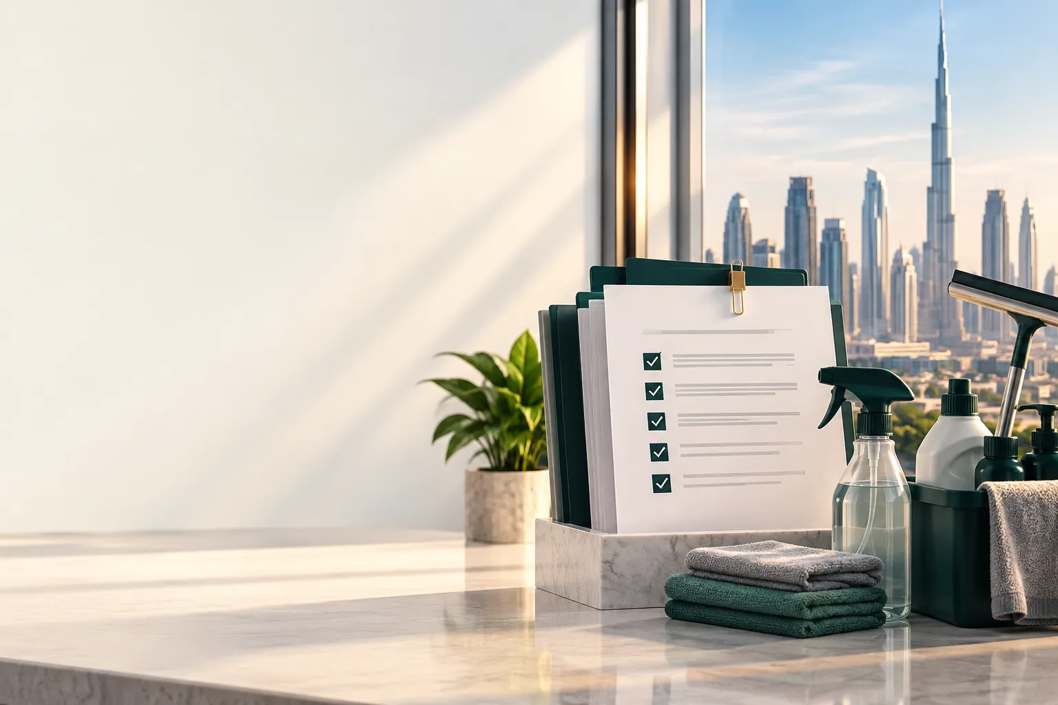 Documents for a Dubai cleaning license on a desk