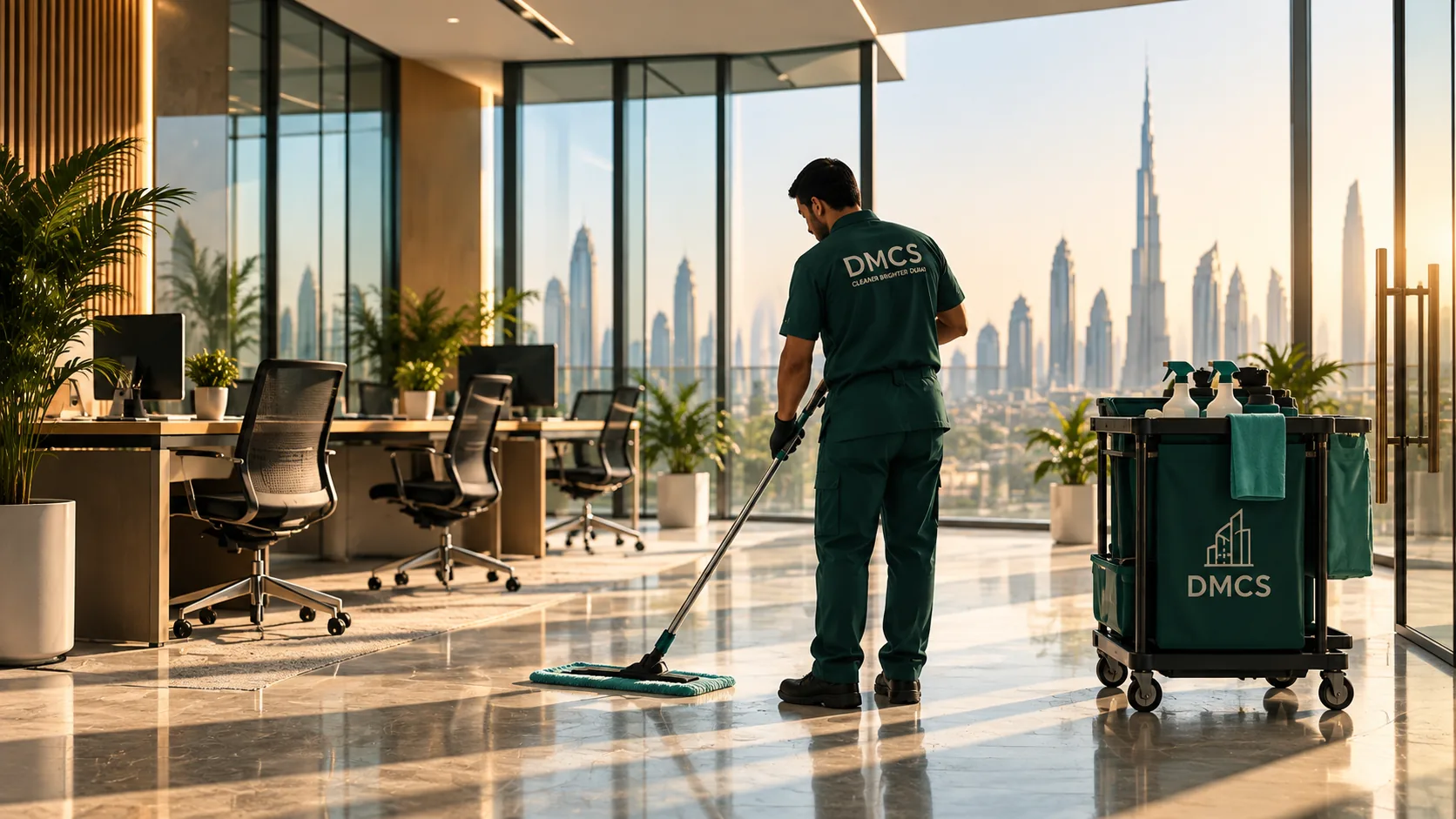 Office cleaning in a Dubai commercial tower