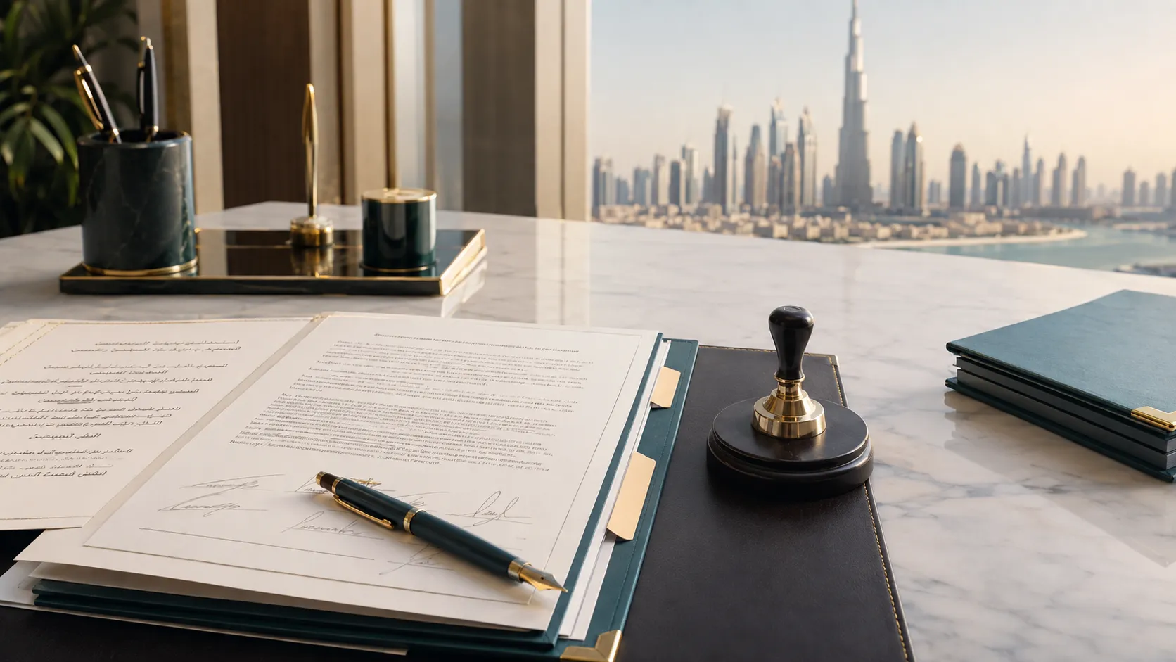Dubai MOA documents prepared for notarisation on a business advisory desk