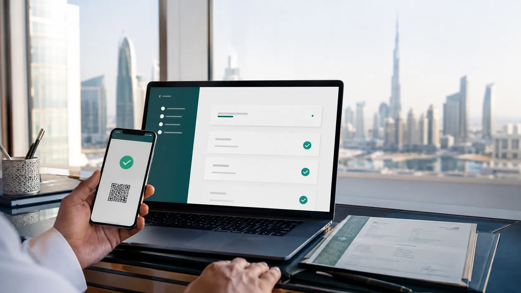 Dubai trade license being checked online with a laptop and phone verification screen