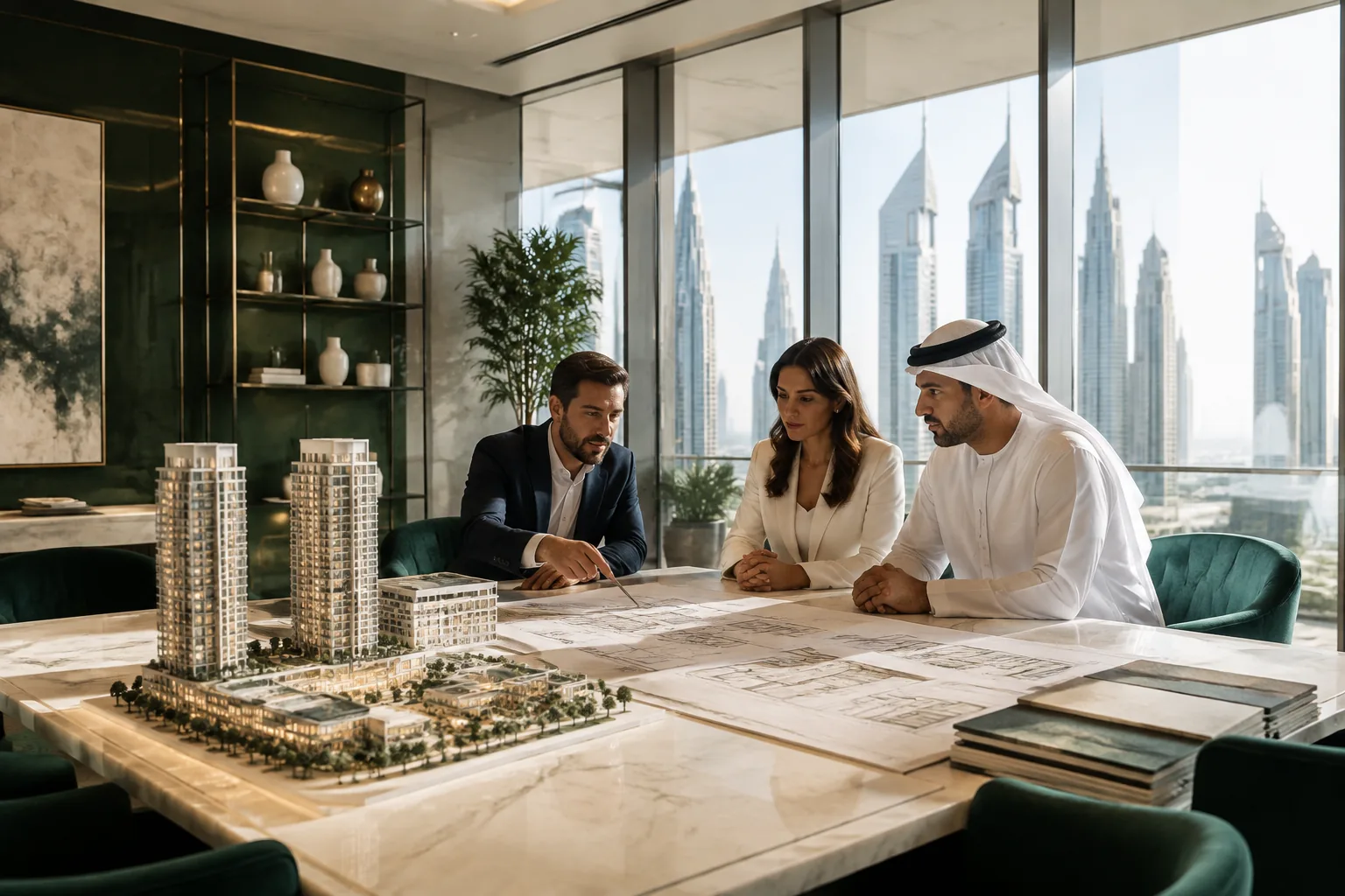A Dubai real estate advisory workspace with property plans