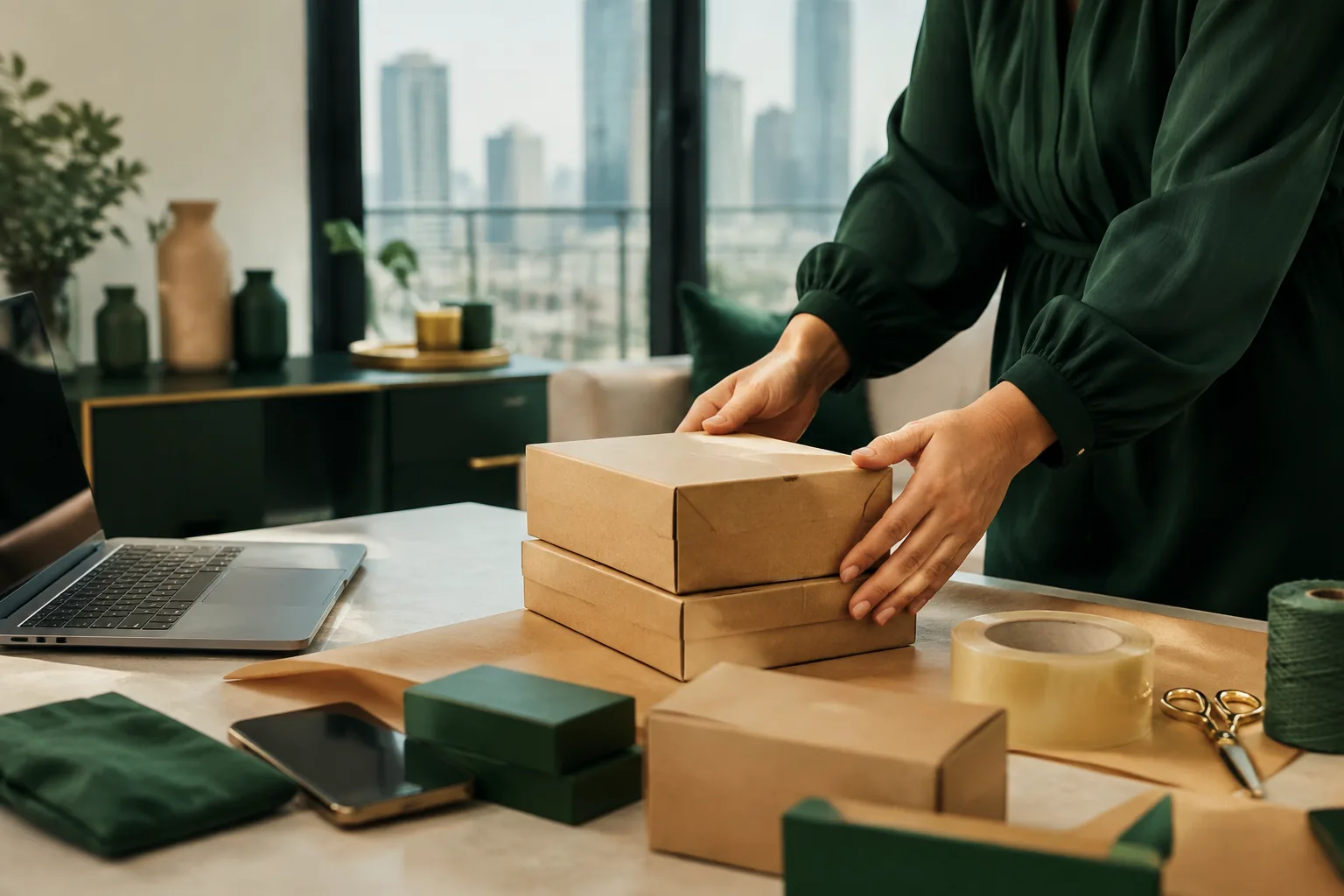 A Dubai home-based online seller preparing products for delivery