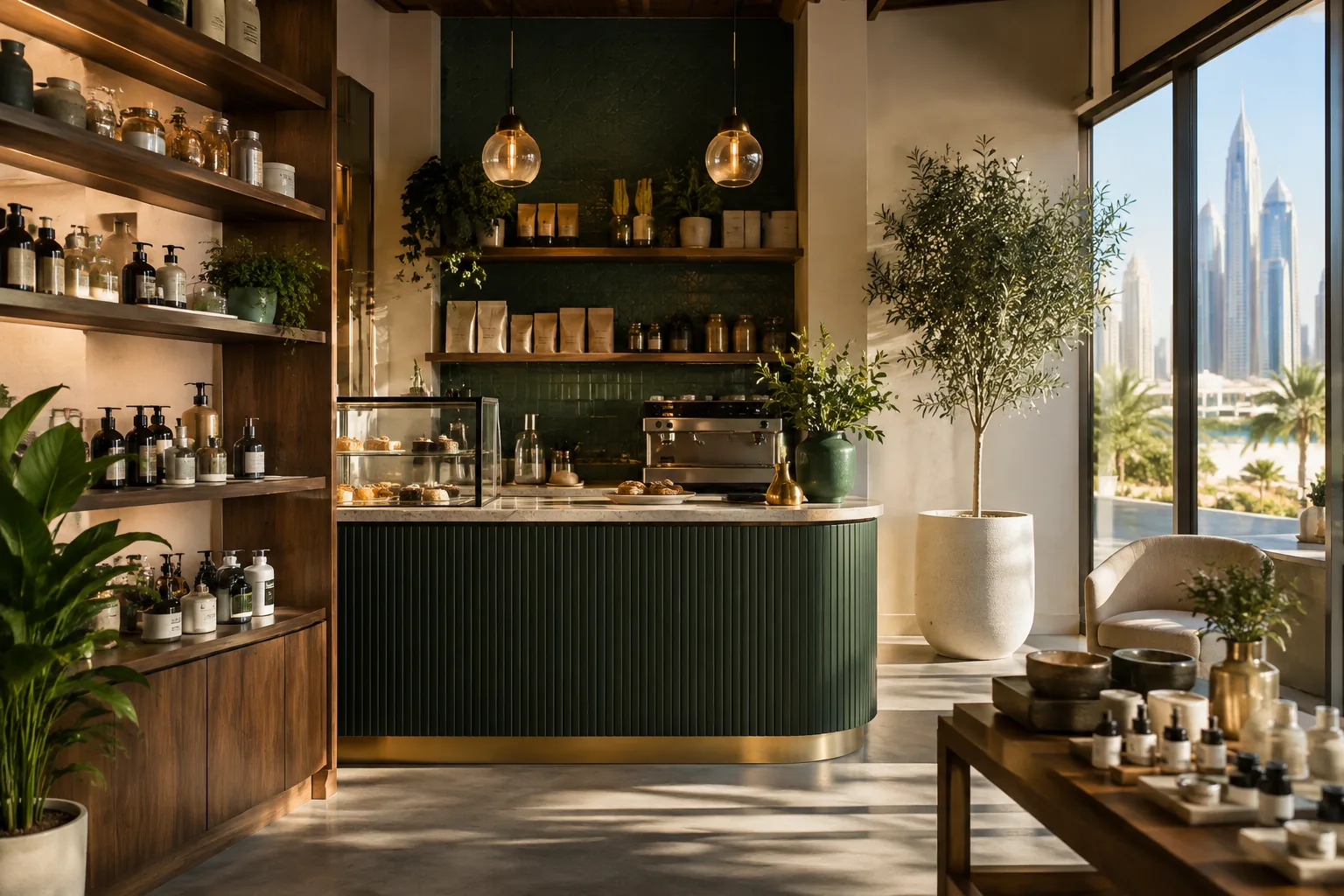 A small Dubai retail shop and cafe counter for walk-in customers