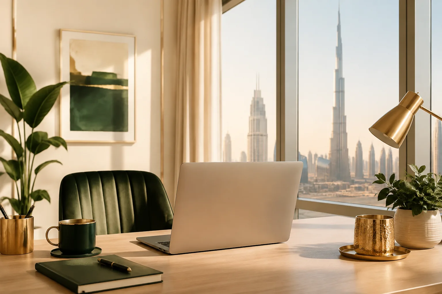 A solo consultant working at a laptop in a Dubai office