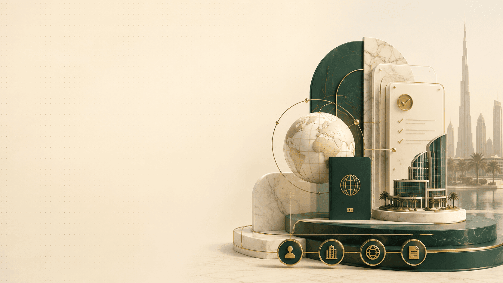 Globe, passport and checklist icons representing the process of starting a business in Dubai as a foreigner