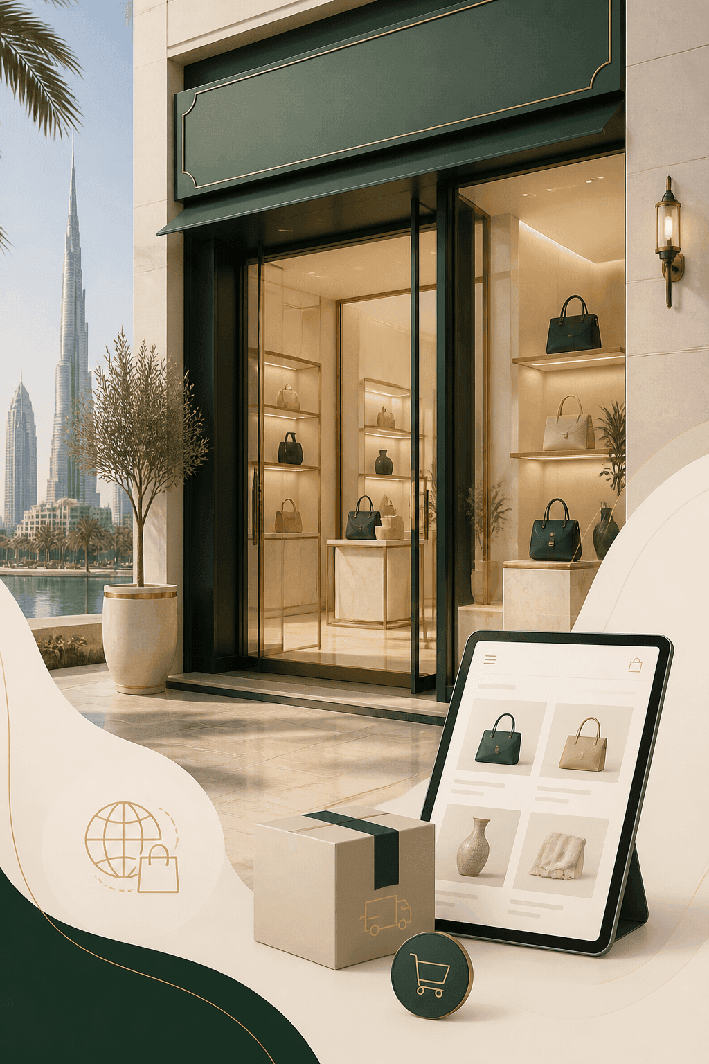 A Dubai retail boutique storefront beside a tablet showing the same products in an online store, with a packed shipping box ready to send