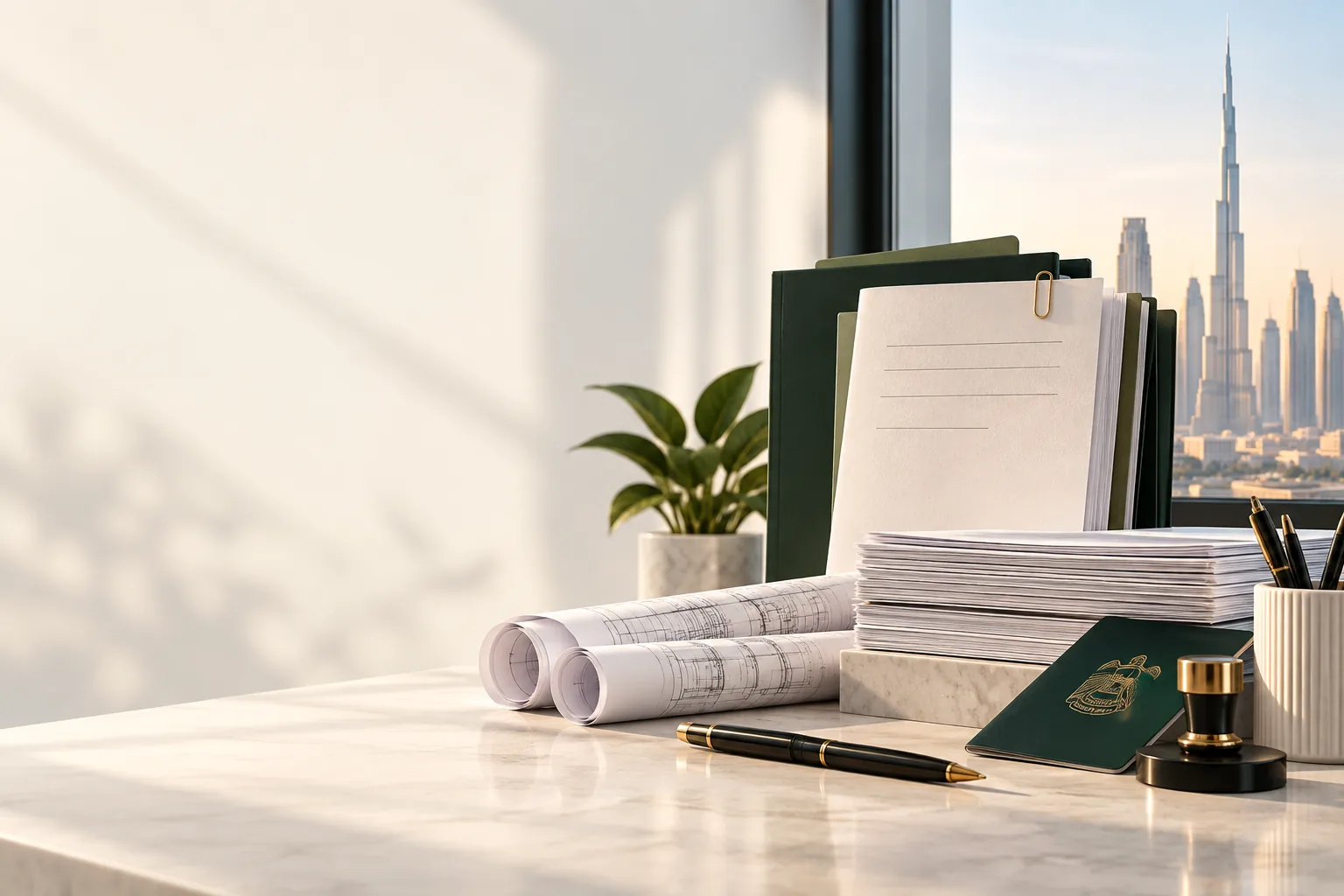 Documents for a Dubai construction license on a desk