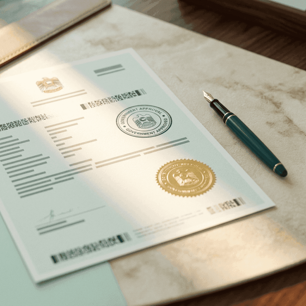 Dubai skyline with passport and residence visa