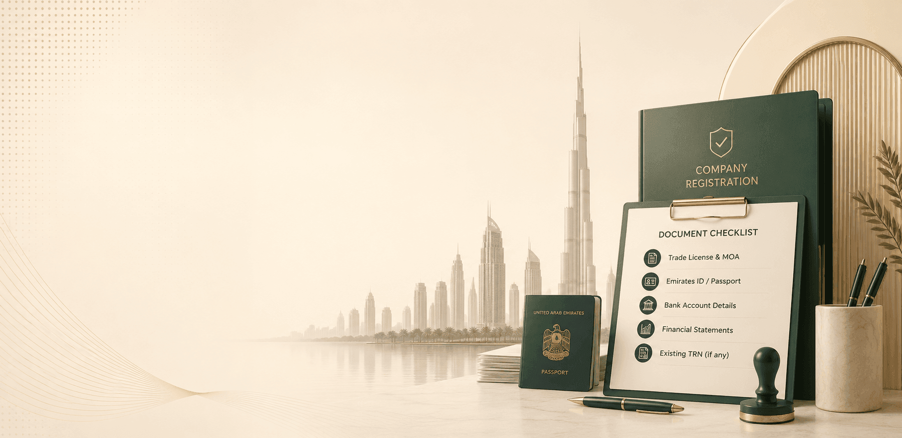 Checklist and document icons representing the paperwork required to register a company in Dubai