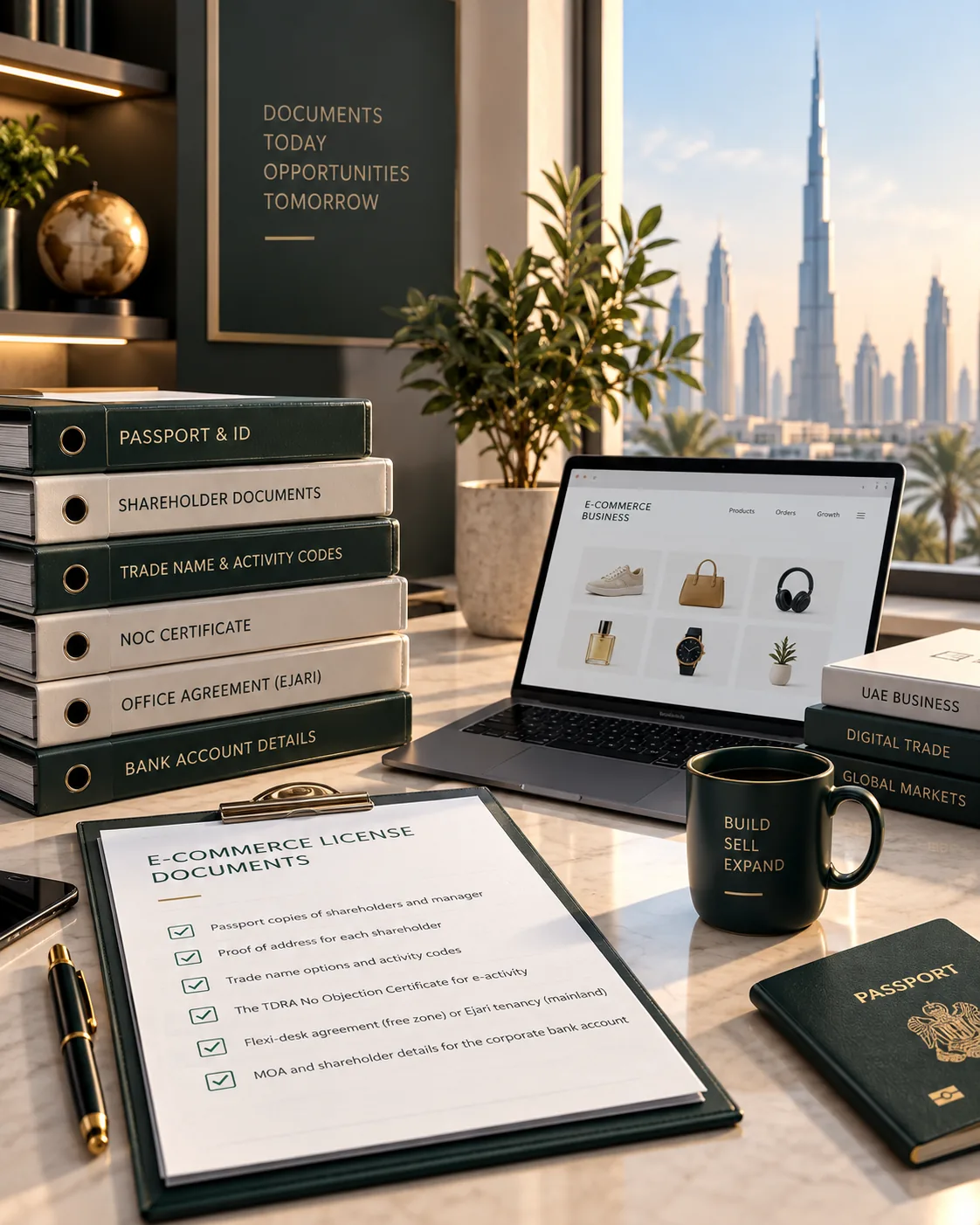 Documents for a Dubai ecommerce trade license on a desk