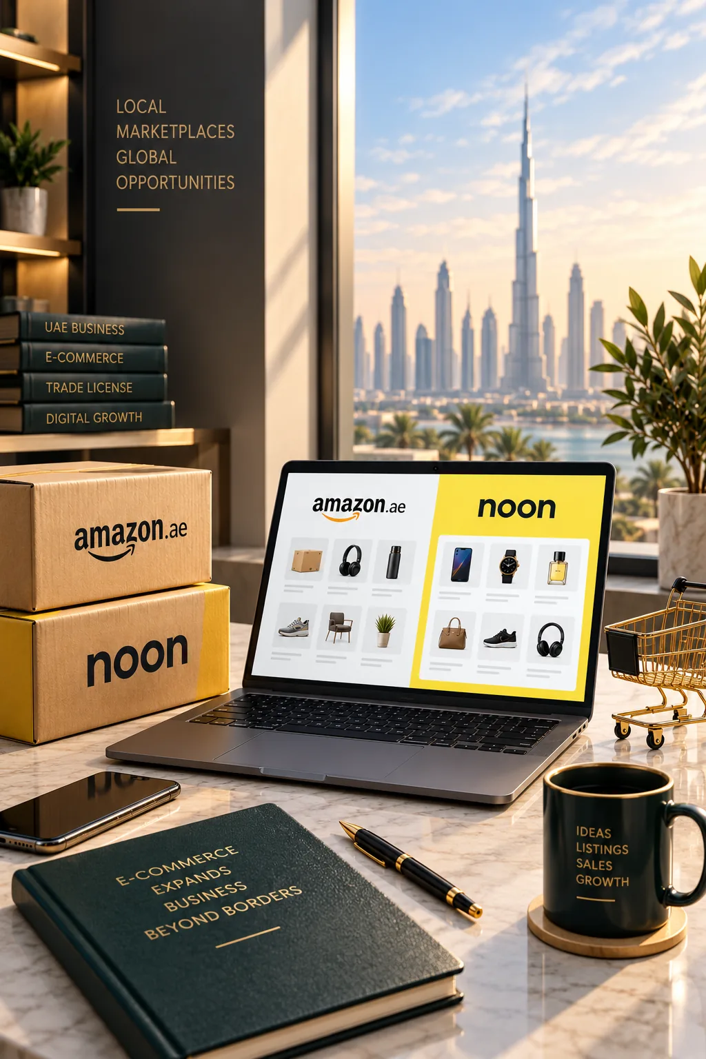 Amazon and Noon seller dashboards on a laptop for a UAE online store