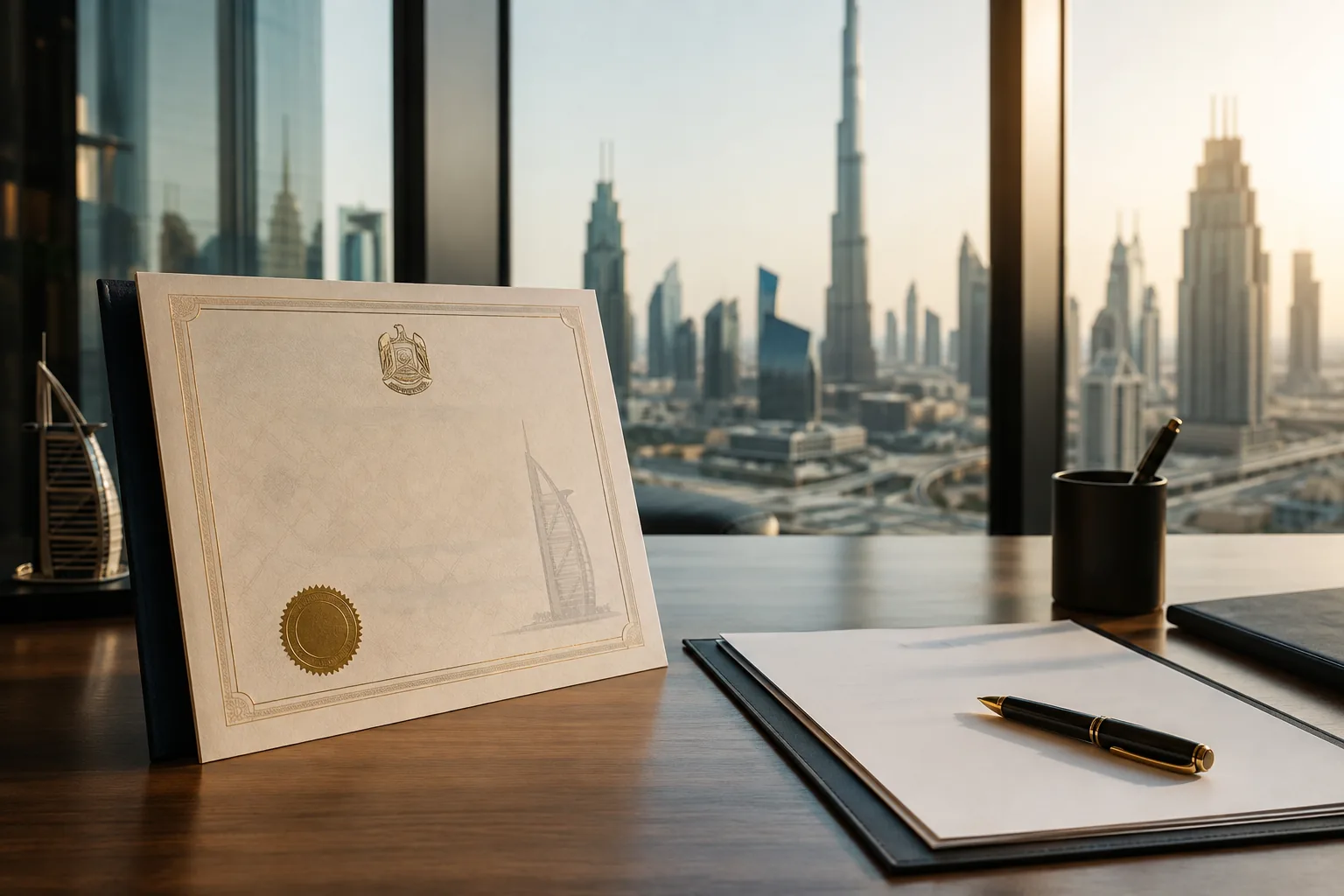 A Dubai DET trade license document with an official approval seal