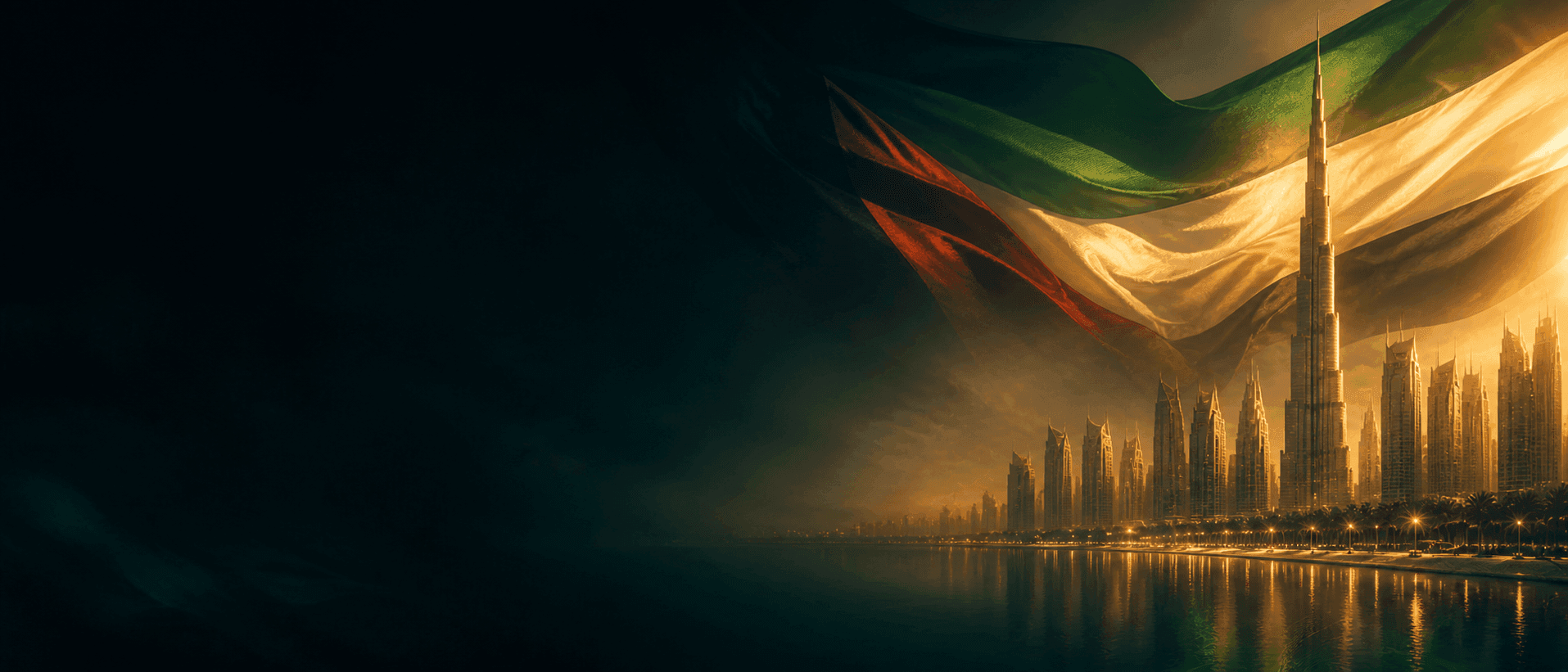 Dubai skyline with UAE flag colors sweeping across the sky