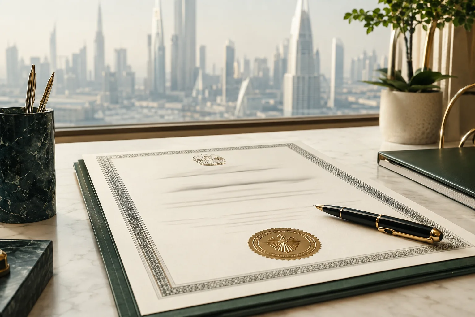 Stacked Dubai mainland trade licence documents with approval stamp