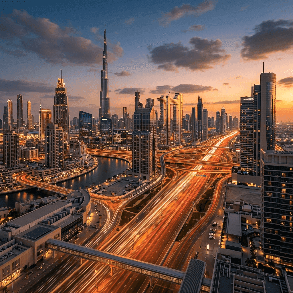 Dubai's business district at dusk, seen from above