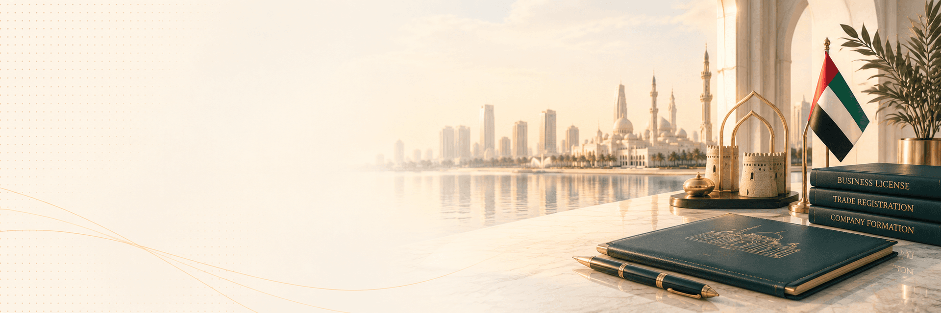 Sharjah waterfront with UAE business licence documents