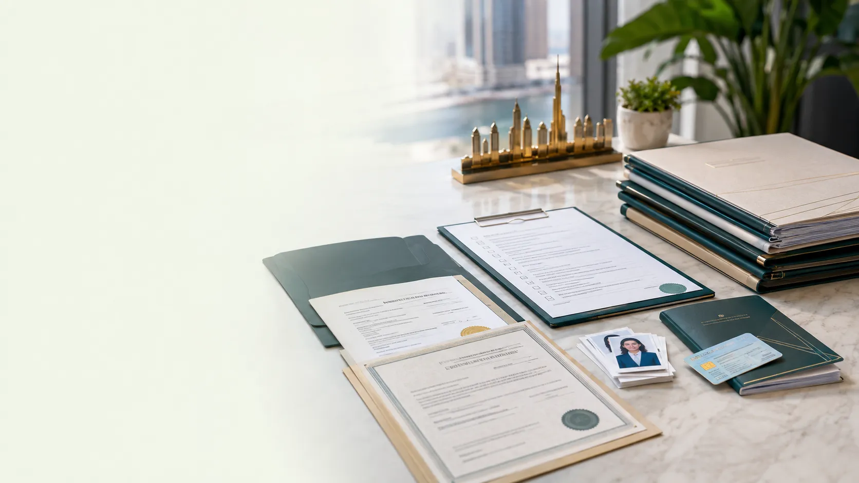 Trading company setup documents including passport copies, Emirates ID, MOA, Ejari and board-resolution files