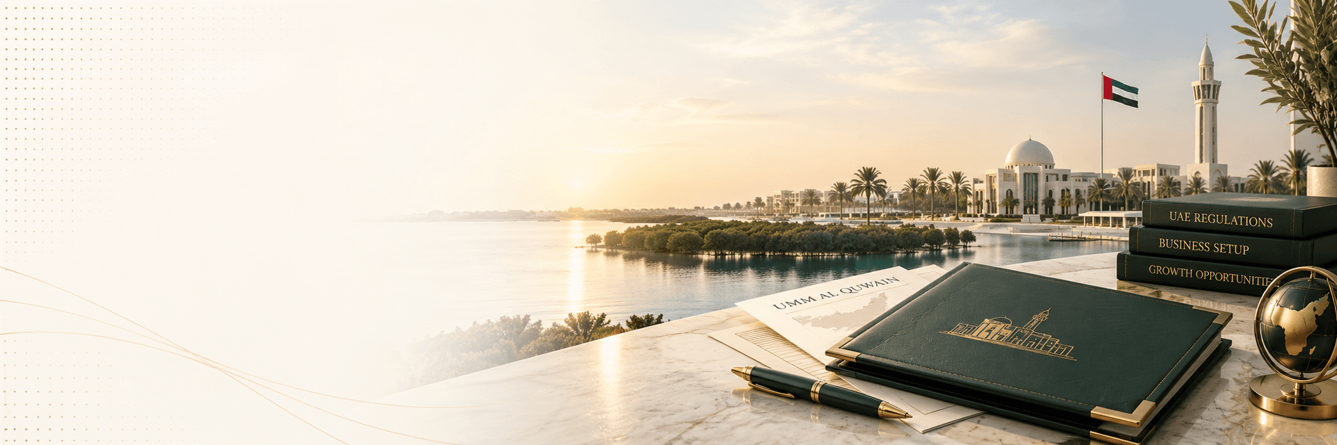 Umm Al Quwain waterfront with UAE business licence documents